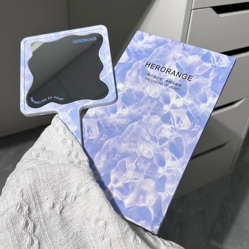 HERORANGE Makeup Mirror Wavy Pattern Handheld Makeup Mirror Cute Portable Handle Square Mirror Cosmetic Mirror