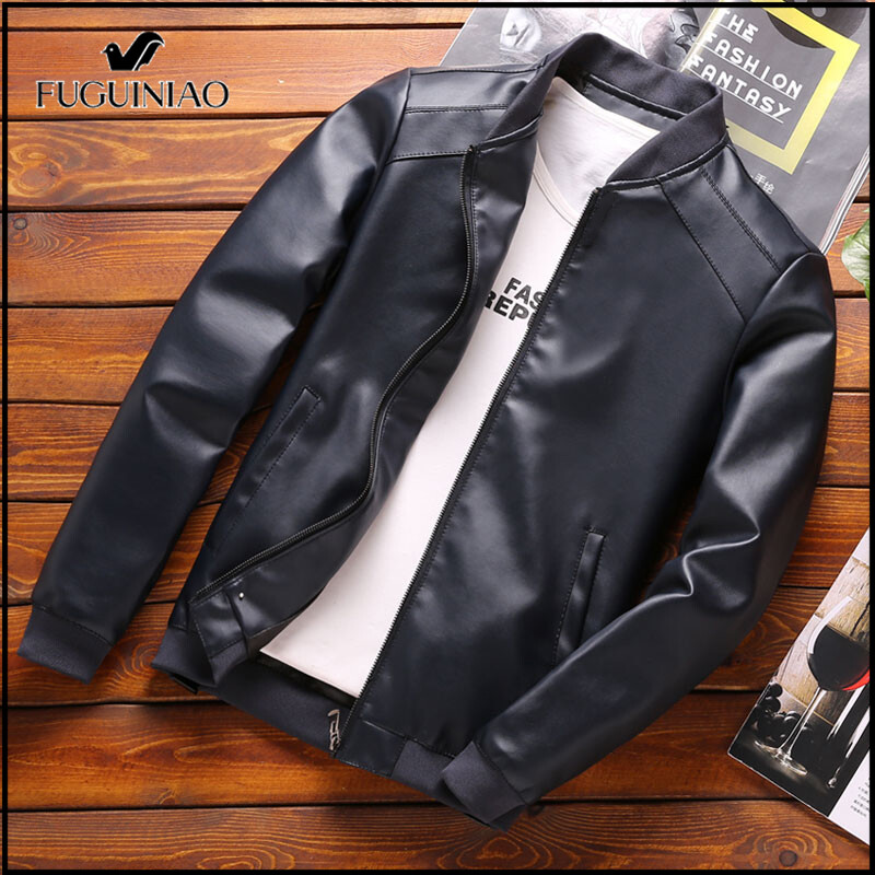 Fuguiniao 2021 Fall Winter Men Leather JacketVintage Cool Motorcycle Zipper Male Bomber Jacket Casual Pocket Stand Collar Club Men Outwear