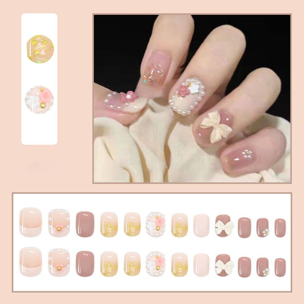 Hộp 24 móng tay giả đính phụ kiện nơ tim xinh xắn dễ gắn (Sản phẩm có nhiều phiên bản lựa chọn