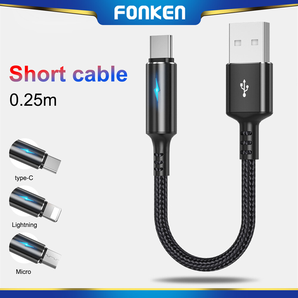 Fonken Cáp Sạc USB Ngắn 25Cm Cáp Micro USB Type C Cho Huawei Android Sạc Nhanh 2.4A Cáp Sạc Điện Thoại Có Đèn Báo