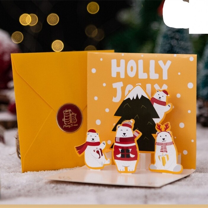 3D Christmas Card Set New Year Greetings Postcard with Envelope StickerS Pop-up Gift Card Xmas Table Decoration