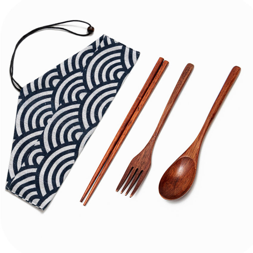 3 Pieces Wooden Flatware Set Wooden Spoons and Wooden Forks Wooden Utensil Set Natural Wood Cutlery Set with Pouches for Kitchen, Home, Camping, Picnic
