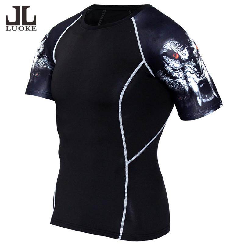 Luoke men sports apparel short sleeve round neck quick dry microfiber tights compression wear flower arm Men's sports compression gym fitness 10 colors black white sportswear shirt ready stock 2020 tracksuit jersey men's sport clothing