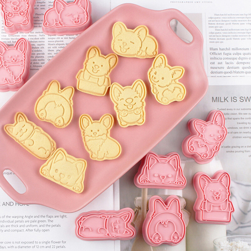 Ministar 8PCS Corgi Cookie Cutter Mould Plastic 3D Cartoon Pressable Biscuit Mold Stamp