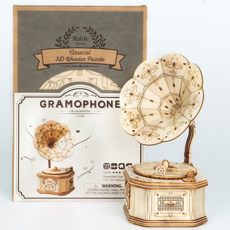 Đồ chơi lắp ráp gỗ 3D Mô hình Máy hát Robotime Gramophone TG408