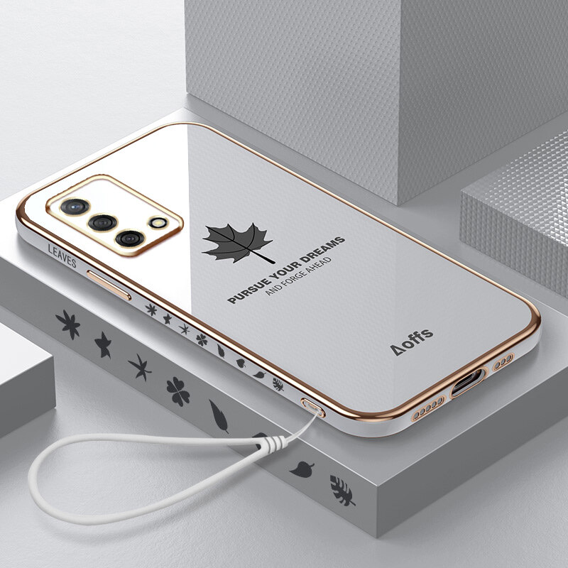 YBD Straight Edge Plating Phone case For OPPO A74 F19 casing, Precise Camera Protection case Maple leaf pattern cover with Free lanyard