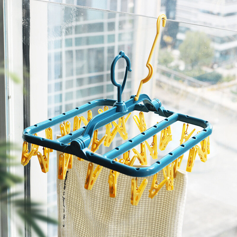 JustLiving 32 Clips Clothes Hanging Rack Plastic Foldable Folding Towel Laundry Hanger Multifunctional Drying Rack Shelf Hanging over Door Balcony Window Fence