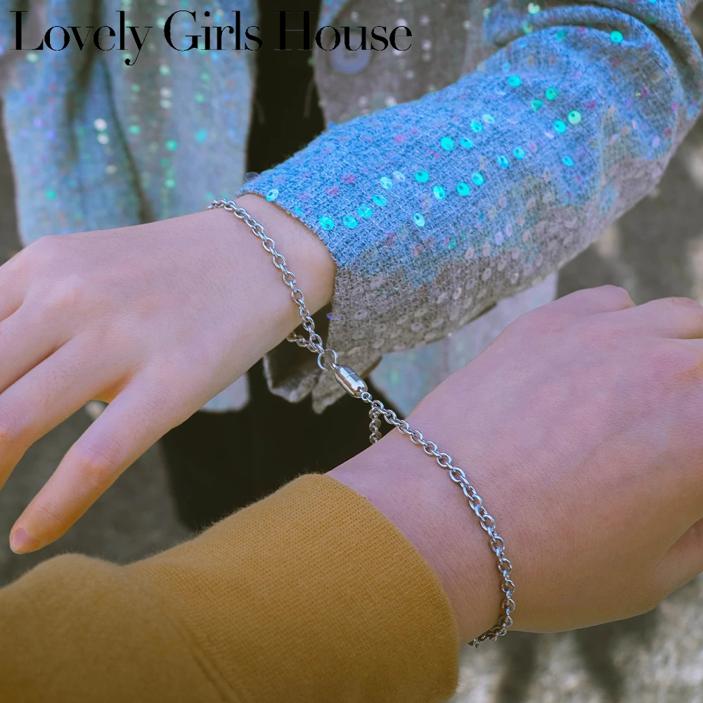 【♡Lovely girls house♡】2Pcs/Set Steel O Shaped Magnetic Couples Bracelet 4mm Stainless Steel Charm Valentine's Day Couple Bangle Gifts