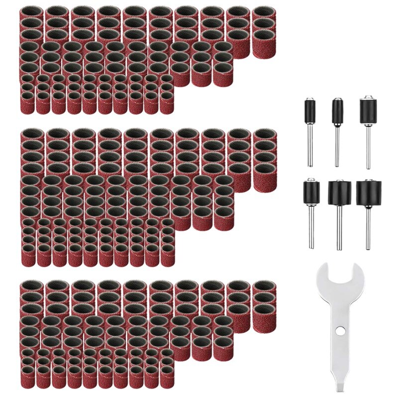 307 Pieces Drum Sander Set Sanding Drum Kit 300 Pieces Sanding Band Sleeves + 6 Pieces Drum Mandrels for Dremel Rotary Tool + 1 Combination Wrench