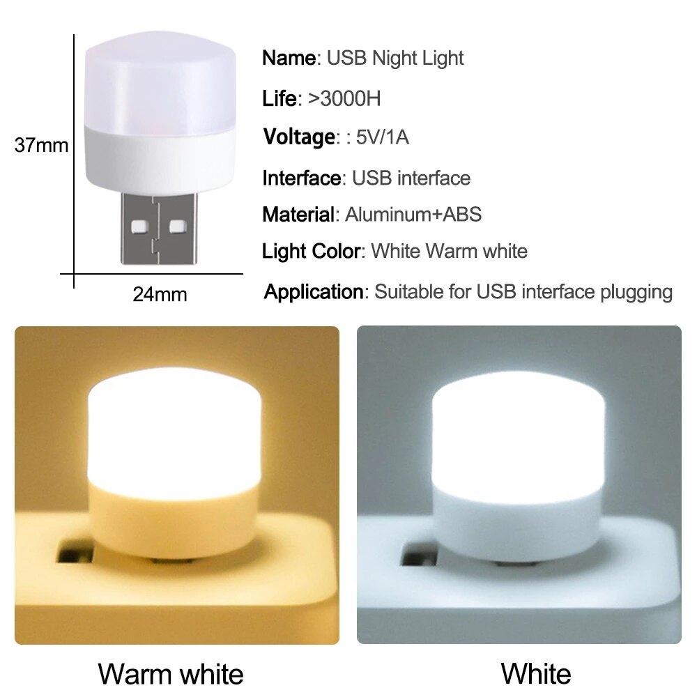 USB Plug Lamp Computer Mobile Power Charging USB Small Book Lamps LED Eye Protection Reading Light Small Round Light Night Light