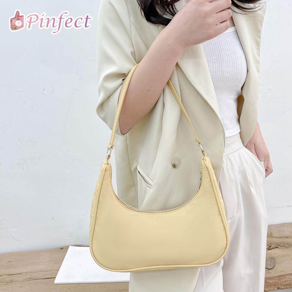 [Pinfect] Fashion Vintage Pastel Color Shoulder Bag Women Pure Color Casual Nylon Underarm Bag Moon Shaped Hobos Bags Ladies Handbag Tote Bag