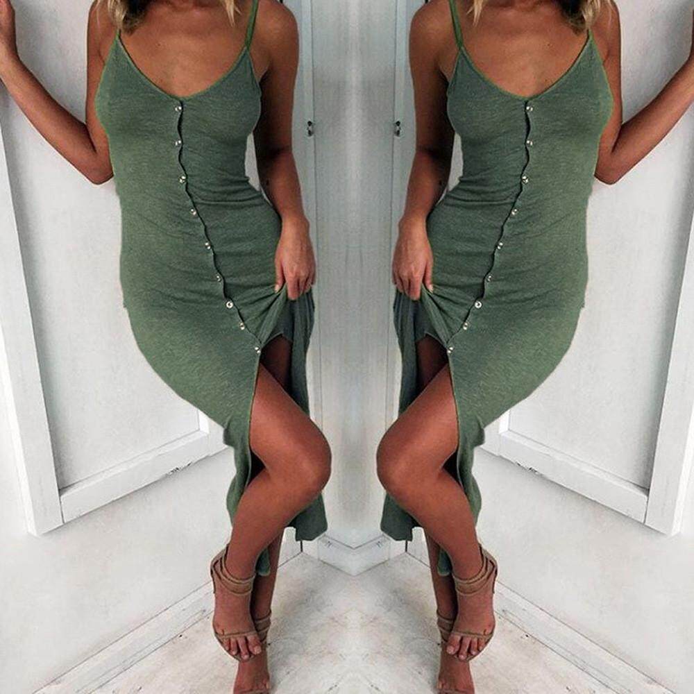 Women Holiday V Neck Bodycon Front Split Ladies Party Summer Beach Midi Dress