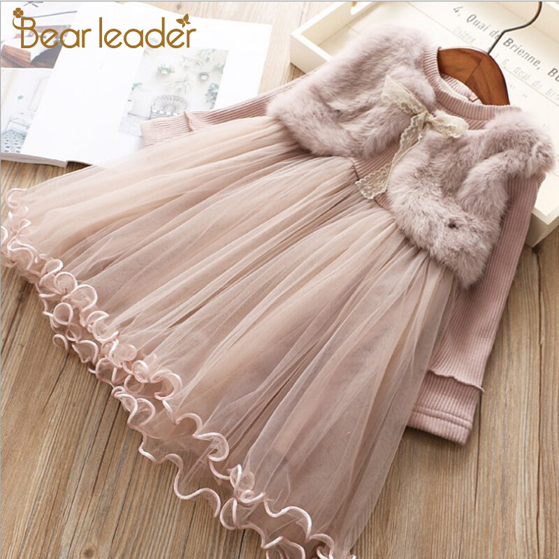 Bear Leader Girls Mesh Ruffles Dress 2023 New Fashion Princess Dress Casual Kids Lace Bowtie Outfit Long Sleeve Children Clothes