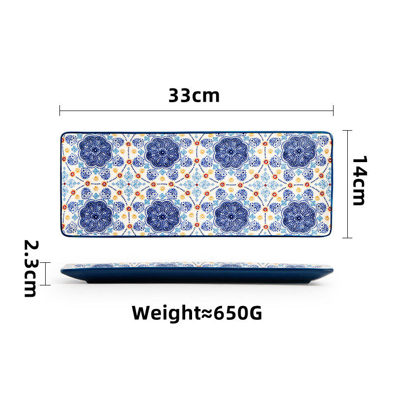 OMK Blue Talavera series Ceramic 14 inch Rectangular Serving Platter salad dessert plate tray