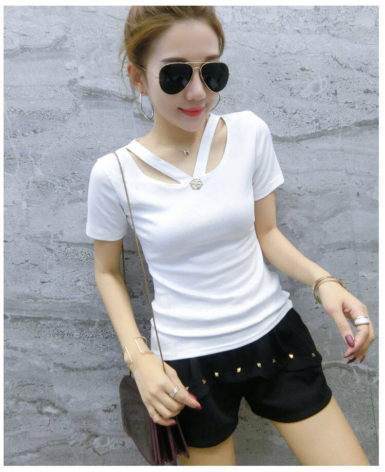 Mùa hè kẻ sọc ngắn tay Áo Phông Cổ Chữ V trắng ôm vừa nữ cơ bản dành cho người mảnh khảnh Áo sơ mi tay áo lửng