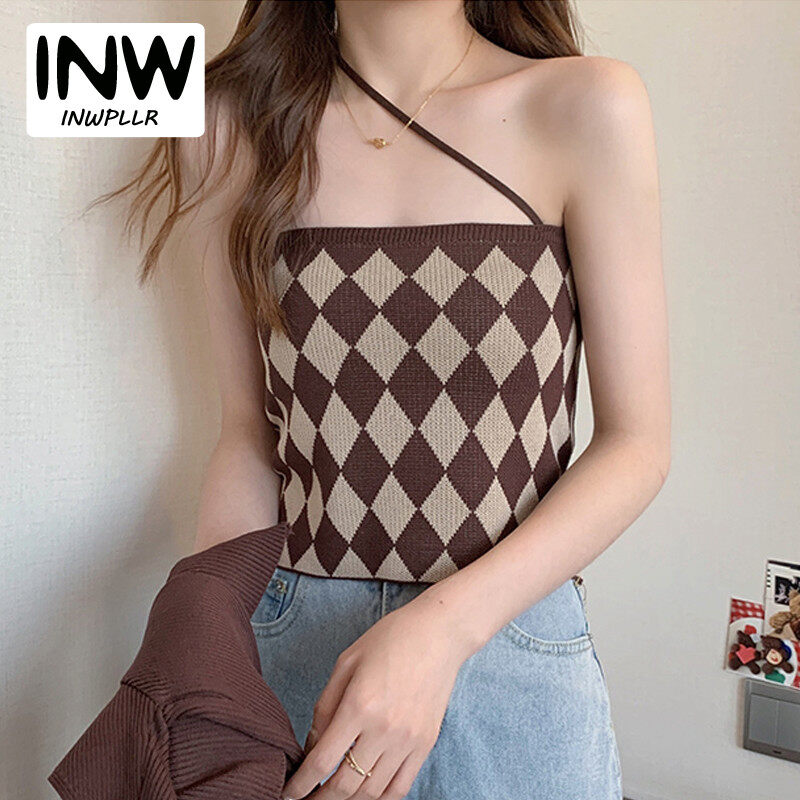 INWPLLR Women Camisoles Plaid Knitting Tank Tops Fashion Chic Sleeveless Crop Checkered For Female (only Tanks)