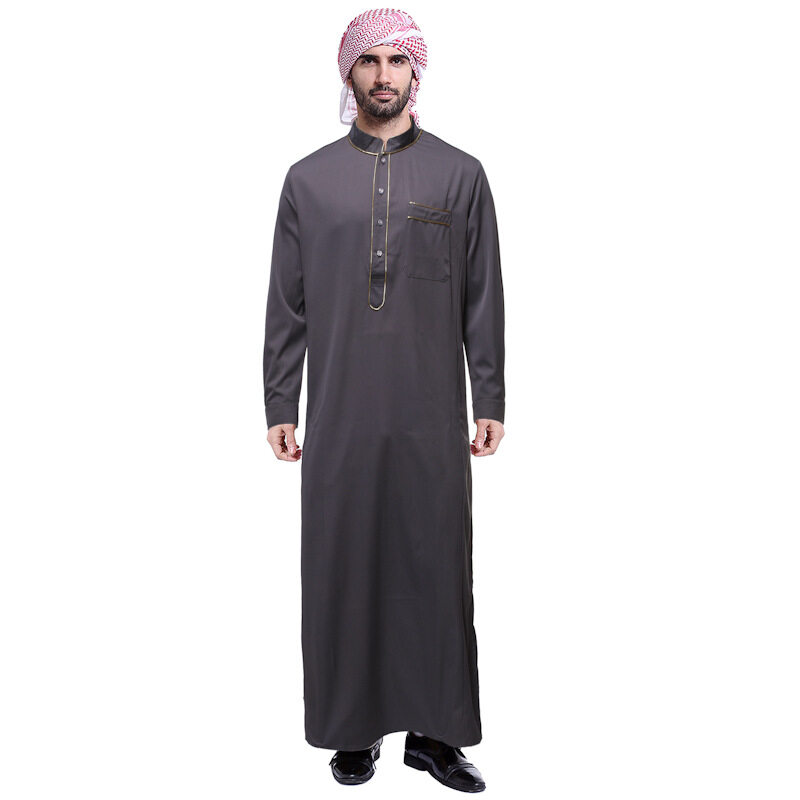 ชายมุสลิมอาหรับ Kaftan อิสลามเสื้อผ้าแขนยาว Jubba Thobe ซาอุดีอาระเบีย Robe
