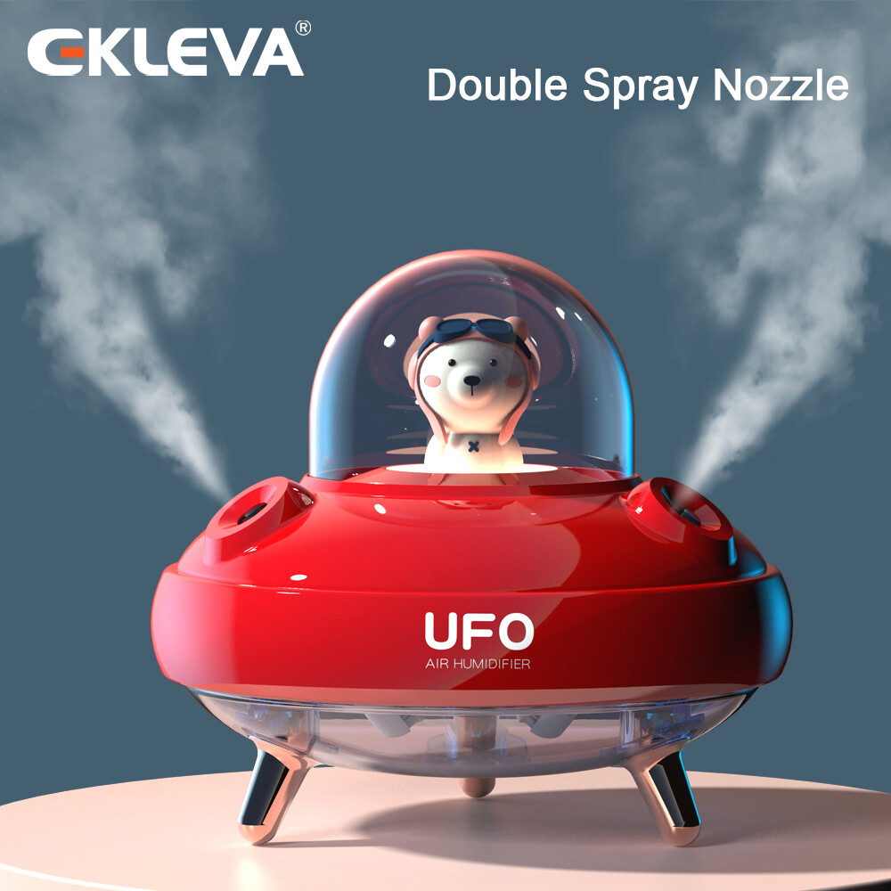 EKLEVA Portable UFO Humidifier USB Wireless Ultrasonic Double Spray Aroma Oil Diffuser Air Humidificador with 7 Color Light For home
