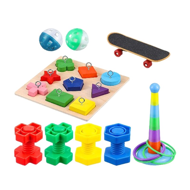 9Pcs Bird Training Toy Set Parrot Wooden Block Puzzle Toy Stacking Color Ring Toys Skateboard Nuts Bolts Foot Ball Toys