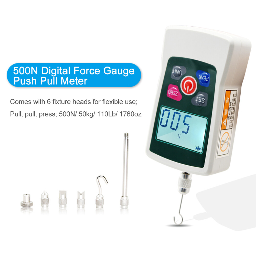 Smart Sensor Digital Force Gauge 500N/ 50kg/ 110Lb/ 1760oz Portable Push Pull Force Meter Unit Switchable Backlit Mini Dynamometer with 6 Fixture Heads, Storage Case, Auto Power off