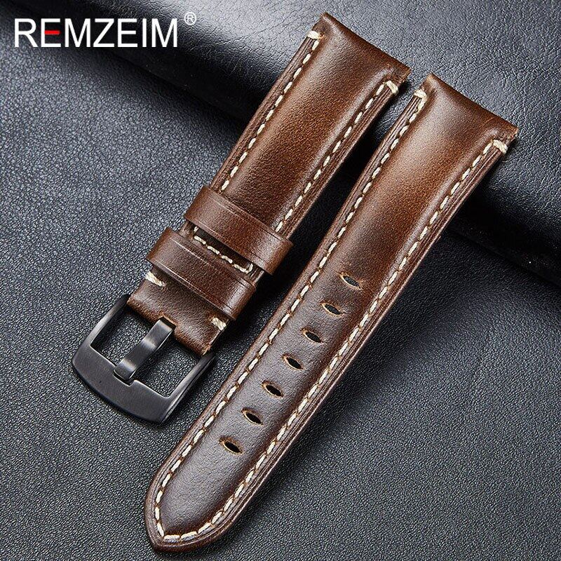 REMZEIM 20 22 24 26มิลลิเมตรหนังสายสีน้ำตาลสีเขียววินเทจแท้หนัง Watchband สีดำหัวเข็มขัดเงินสร้อยข้อมือ