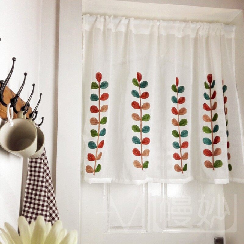 AnneyOneDecor Rèm Cửa Ngắn Thêu Họa Tiết Lá Nhiều Màu Sắc Rèm Cửa Nhà Bếp Nửa Cửa Sổ Trang Trí Cửa