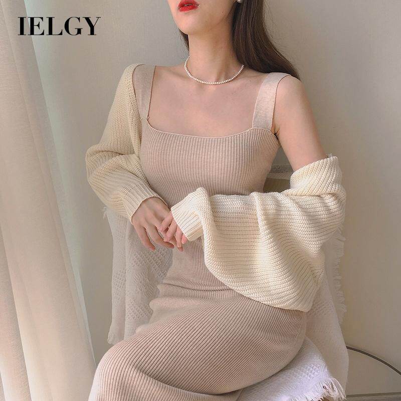 IELGY retro gentle solid color slim-fit with knitted sling dress on the hip for women