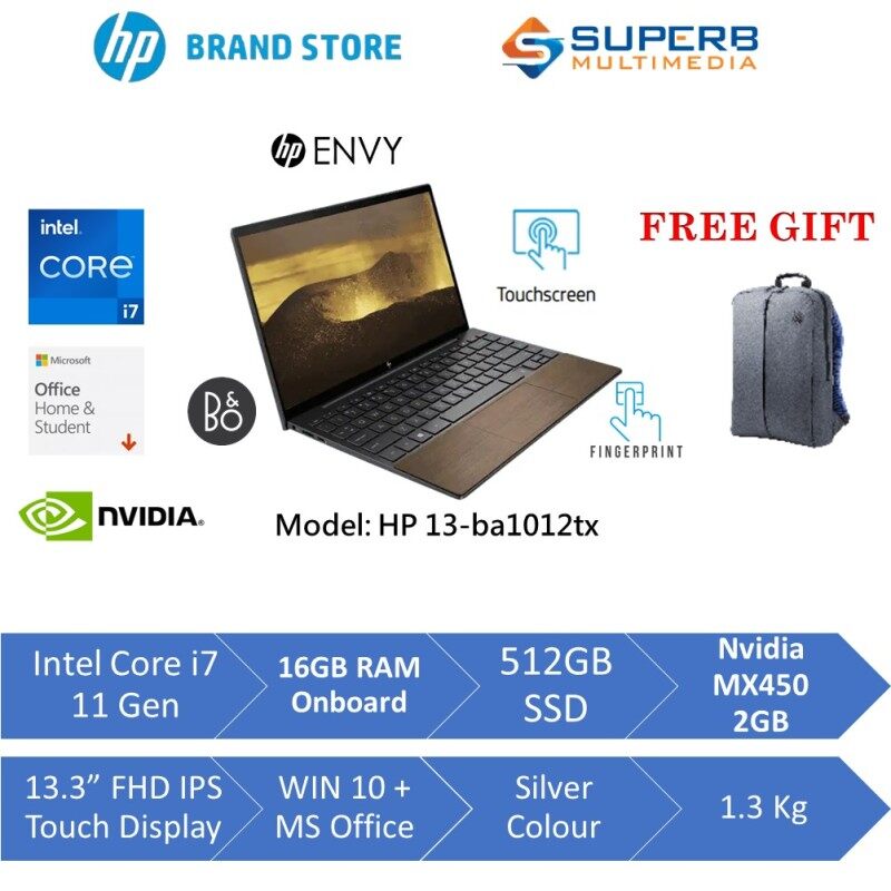 HP ENVY 13-ba1012tx laptop (Intel core i7 11gen, 16gb ram, 512gb ssd, Nvidia mx450 2gb, 13.3 FHD TOUCH, win10, OPI, Black) Malaysia
