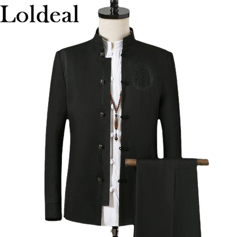 Loldeal Chinese Style Men's Suits and Blazers Set Solid Color Casual Stand Collar Tunic Suit