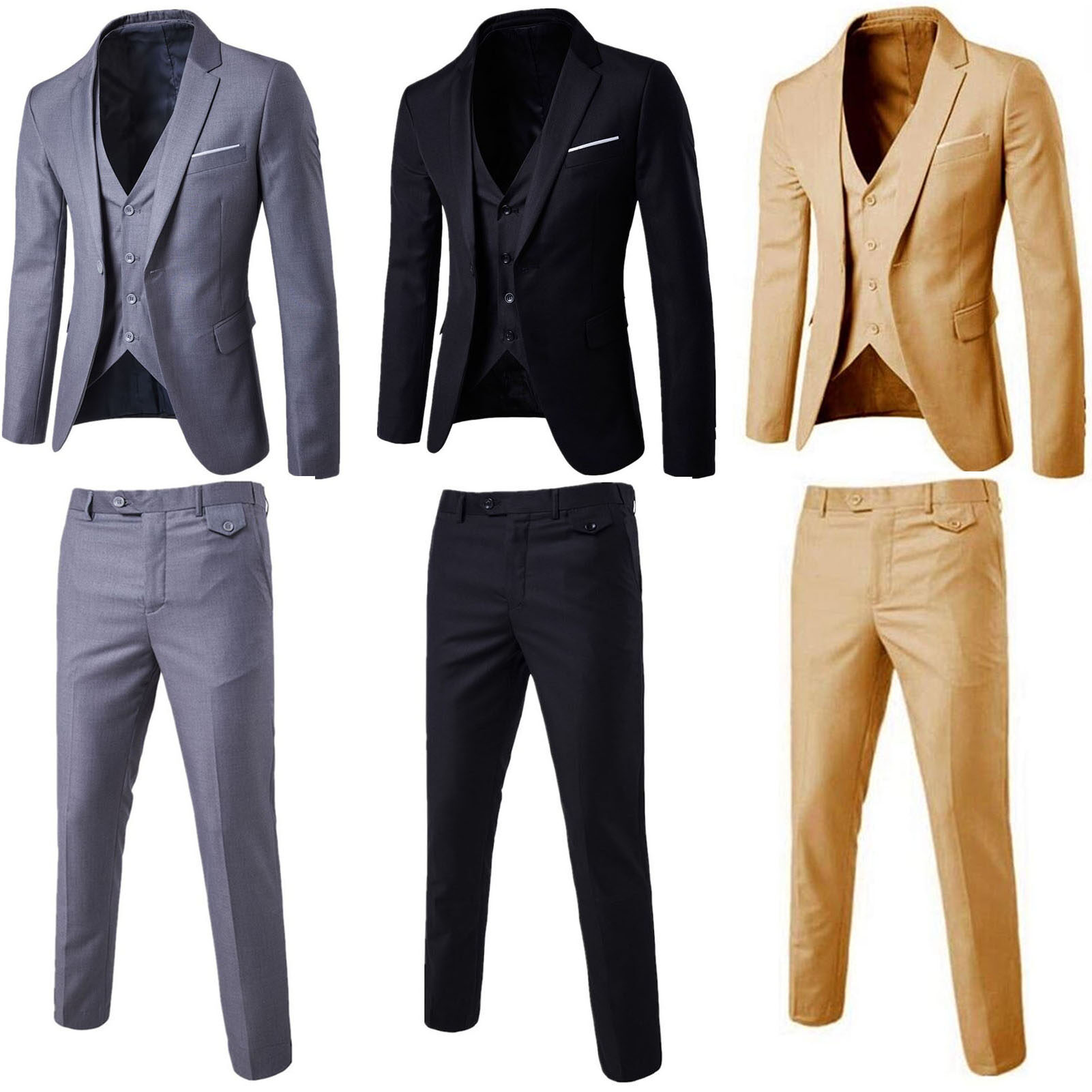 Benferry 2Pcs/Set Plus Size Men Solid Color Long Sleeve Lapel Slim Button Business Suit 【Asian Size relatively Smaller】