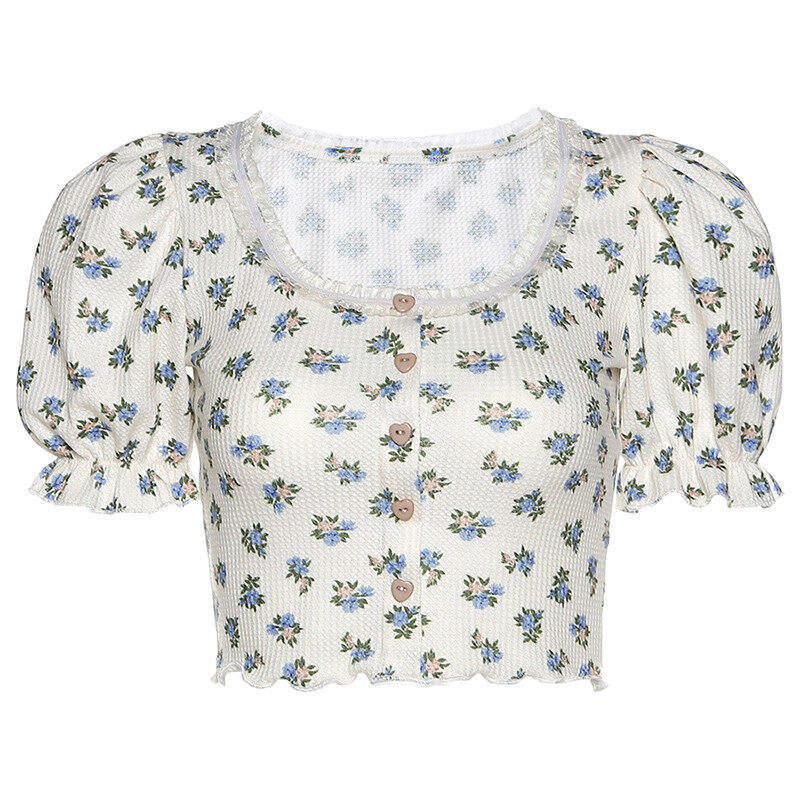 Women's Crop Top Floral Lace Patchwork T-shirt Casual Ruffle Short Sleeve U-neck Button Top Summer 2020 Ladies Vest Blouse Tees
