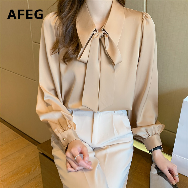 AFEG new Korean style bowknot fashion loose wild satin lantern sleeve blouse for women