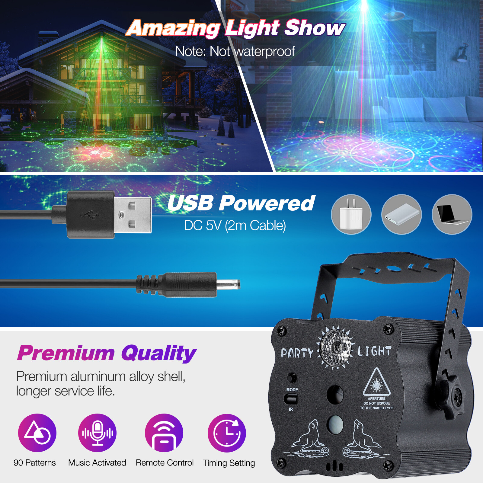 PASTSKY 90 Pattern Stage Laser Light Projector Lights Strobe Lights Party DJ Disco Lights Sound Activated RGB LED With Remote Control For Christmas Decoration Birthday Wedding KTV Bar