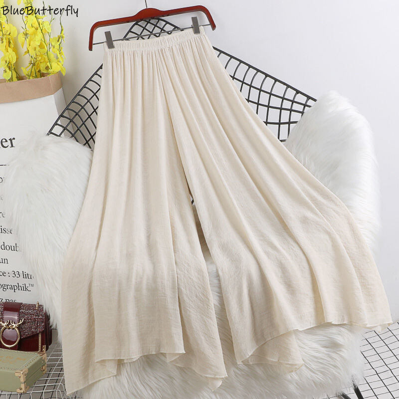 Quần Vải Lanh Và Cotton Mỏng Eo Co Giãn Phong Cách Retro Mùa Xuân Và Mùa Hè Mới Quần Váy Vải Lanh Xòe Lớn Dễ Phối Màu Thuần Khiết Cho Nữ
