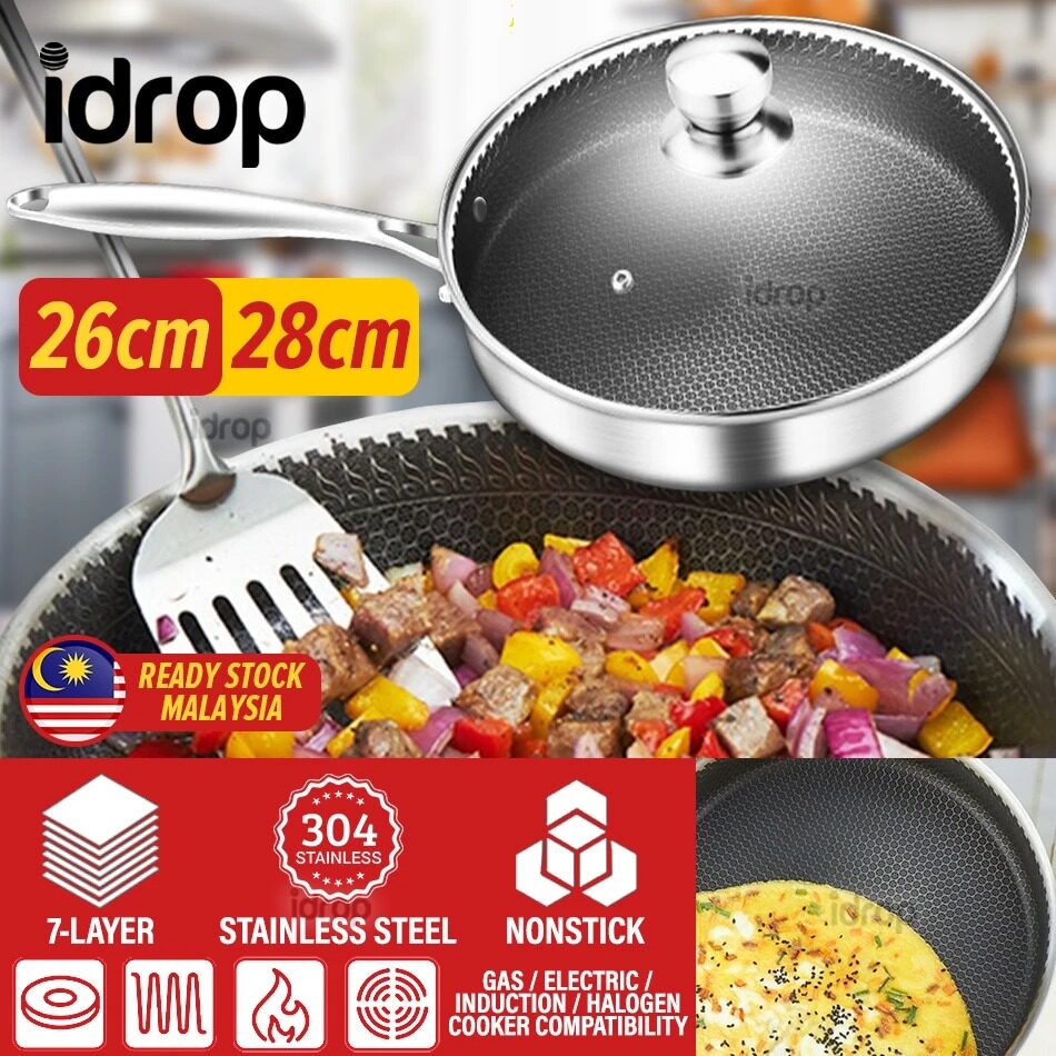 idrop 46CM SUS304 Stainless Steel Kitchen Non Stick Honeycomb Cooking Frying Wok 