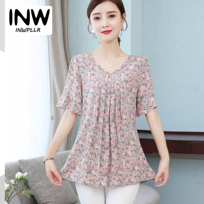 INWPLLR Floral Blouses Women Fashion Chiffon Shirt Korean Female Casual Top Summer Flare Sleeve Printing Ladies Blouses Plus Size M-5XL