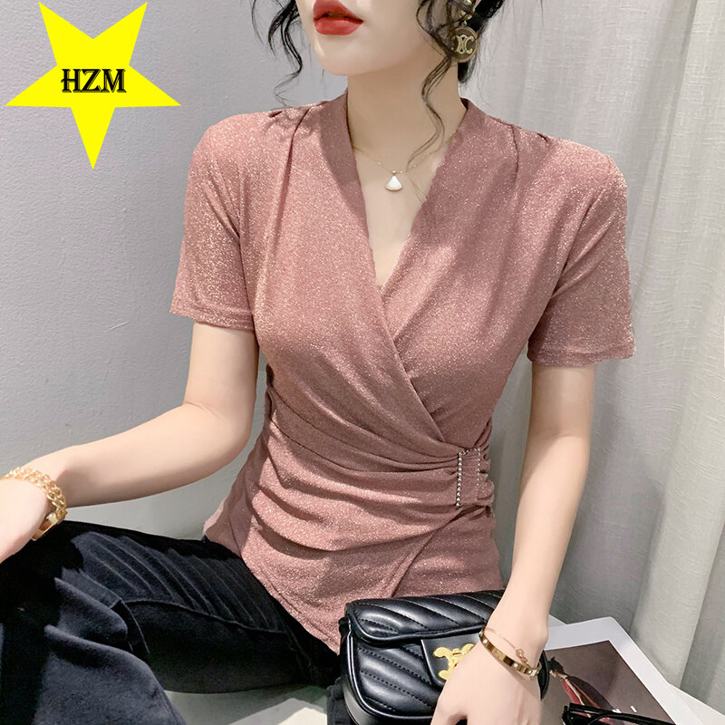 HZM 2023 Women's foreign style short-sleeved T-shirt with thin waist and thin design A top with bright silk and meat-covering temperament