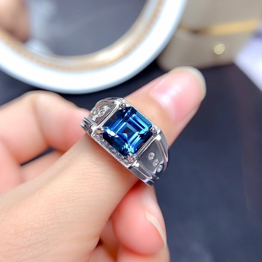 Trang Sức Thời Trang Nam Đính Đá Sapphire Ngày Sinh Tháng 9 Nhẫn Cưới Bằng Thép Titan Màu Bạc