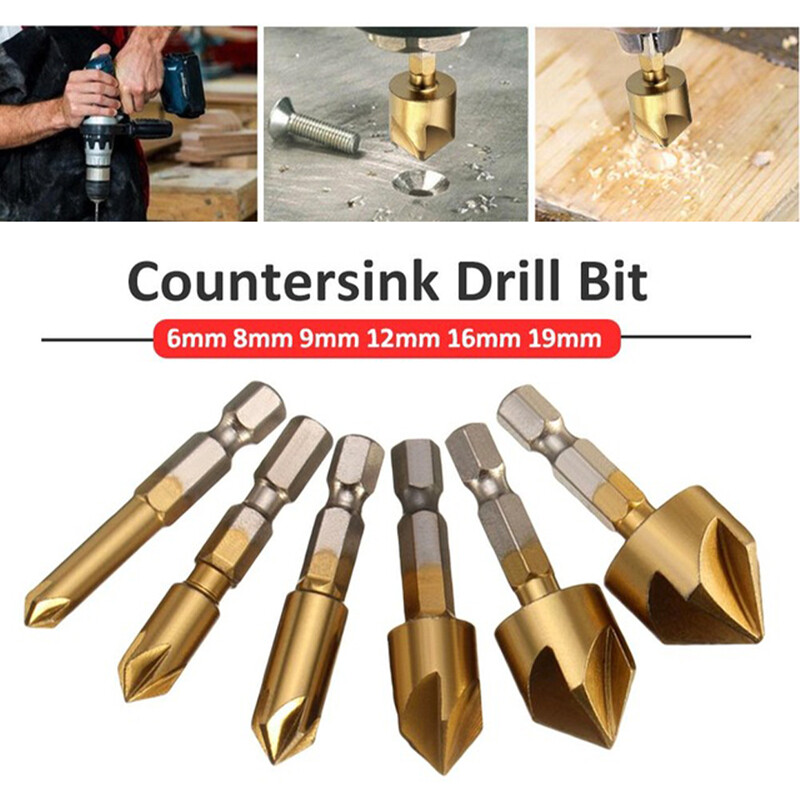 3/6Pcs Countersink Drill Bit Set 1/4'' Hex Shank HSS 5 Flute Countersink 90 Degree Wood Chamfering Cutter Chamfer 6mm-19mm