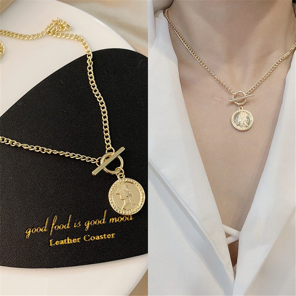 Sanhe Women's Chic Creative Coin Pendant Necklace Personality Stylish Gold Cool Clavicle Chain