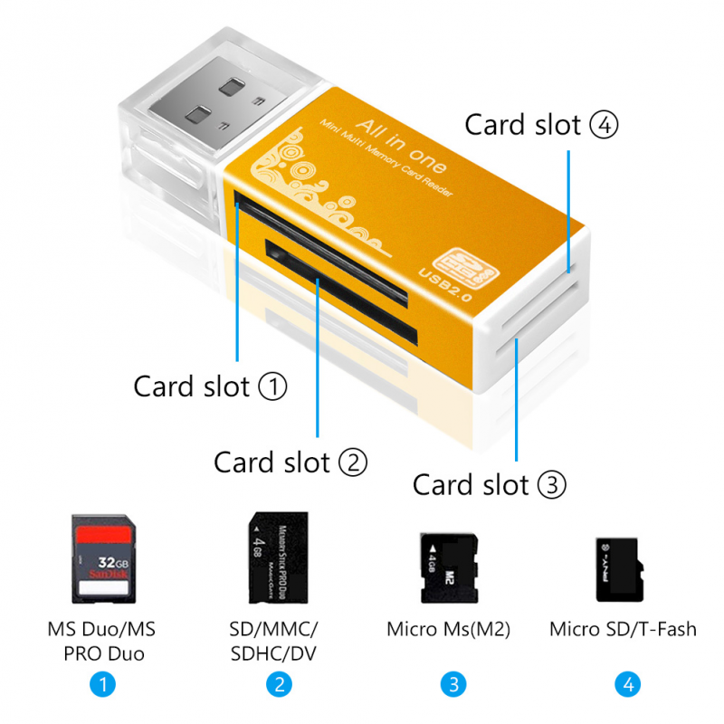 4 Trong 1 Micro SD Đầu đọc thẻ SDHC MMC USB SD Bộ Nhớ T-Flash M2 MS Duo USB 2.0 4 Khe Cắm đầu đọc thẻ nhớ Adapter Hỗ Trợ