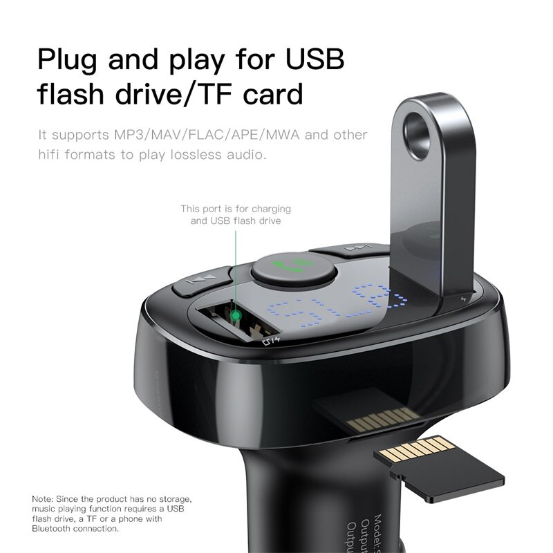 Bộ phát sóng FM Baseus Bộ phát sóng FM Bluetooth Bộ điều hợp radio không dây Bộ phụ kiện trên ô tô với bộ sạc USB kép trên ô tô Máy nghe nhạc MP3 Hỗ trợ thẻ TF / Đĩa USB