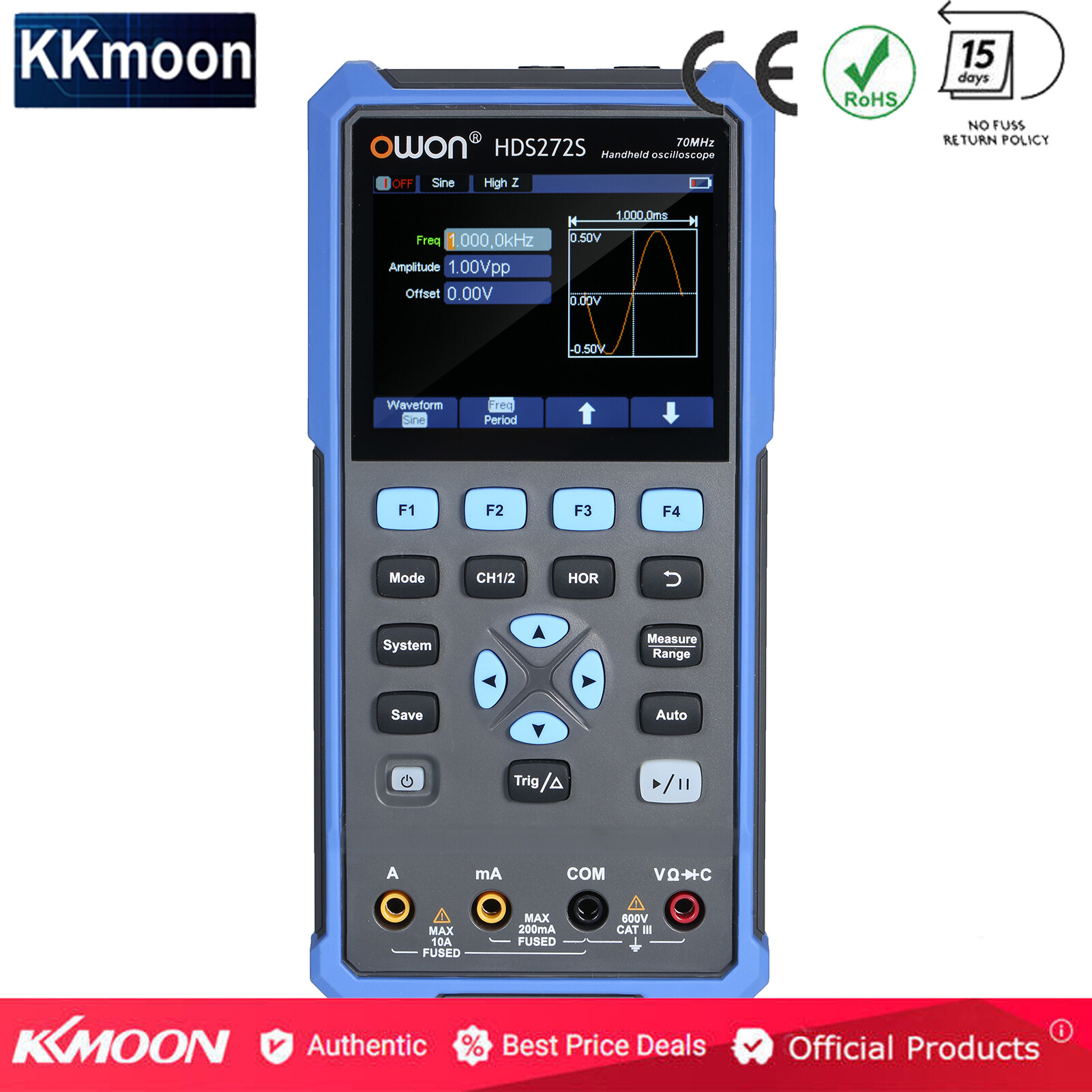 OWON Oscilloscope Multimeter Waveform Generator HDS272S 2CH 70MHz Bandwidth 20000 Counts 3-in-1 Handheld Digital Scope Meter with Color Screen for Automobile Maintenance and Power Detection