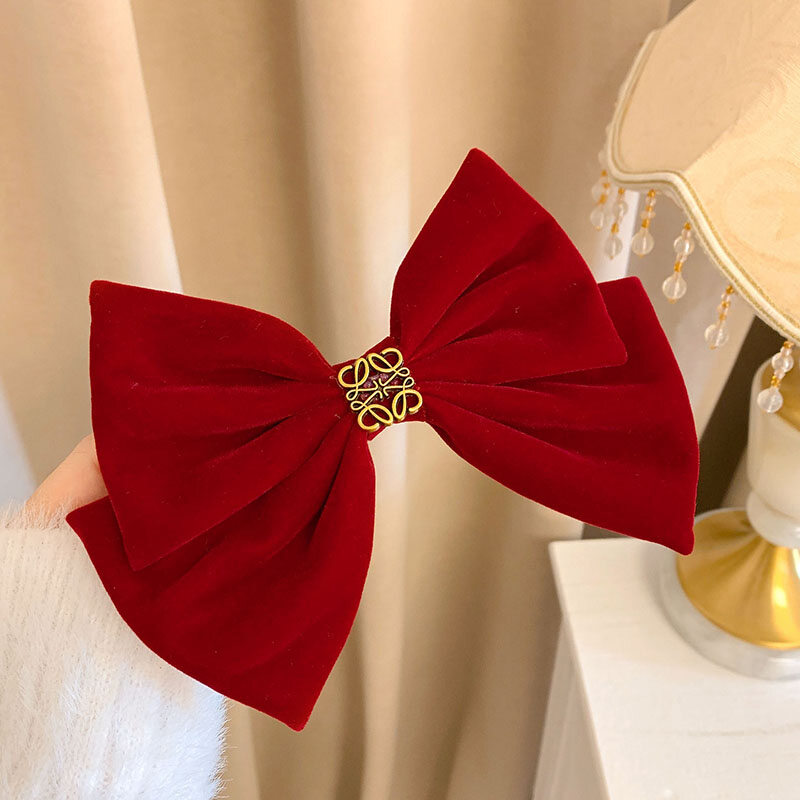 AISHGRetro Flocking Bow Metal Buckle Hair Clip Female Back Spring