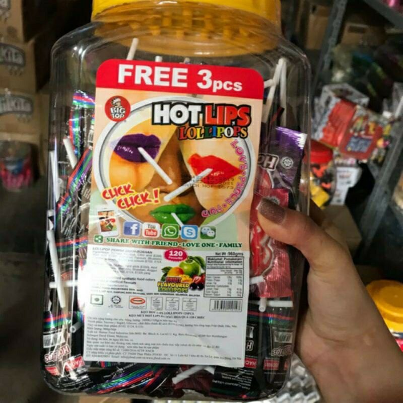 Lọ 120 chiếc kẹo mút hình môi tặng 3 cái