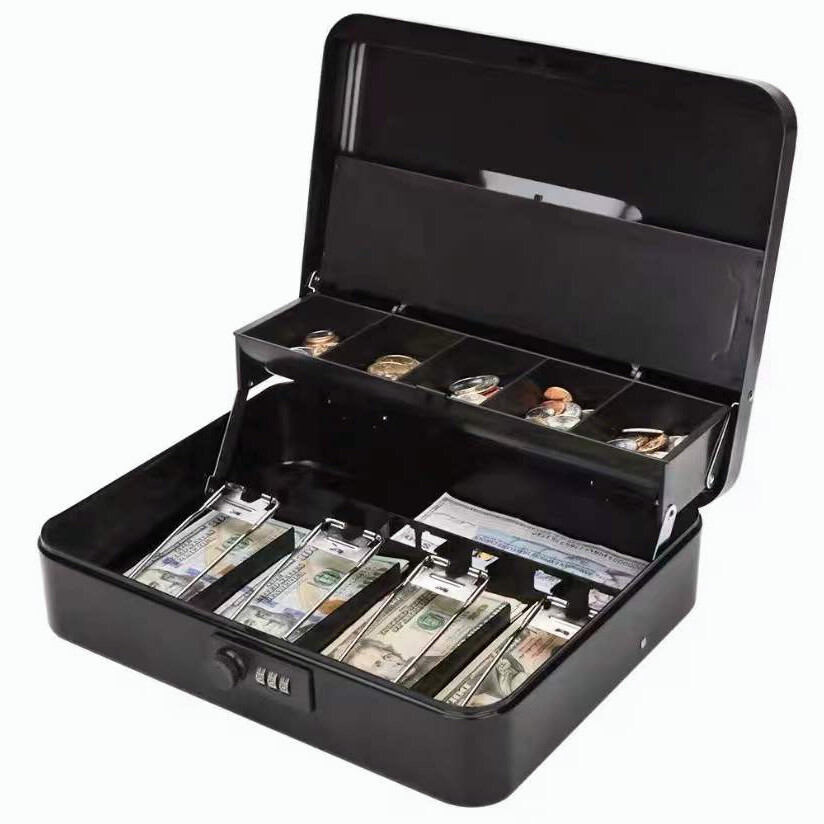 Portable Security Lockable Cash Box Tiered Tray Money Drawer Safe