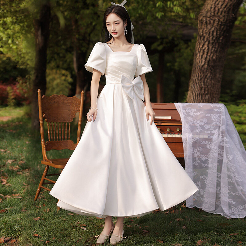Glary Star Certificate Registration Small White Dress Evening Dress Female Winter Banquet Engagement Dress French Satin White Dress Light Wedding Dress