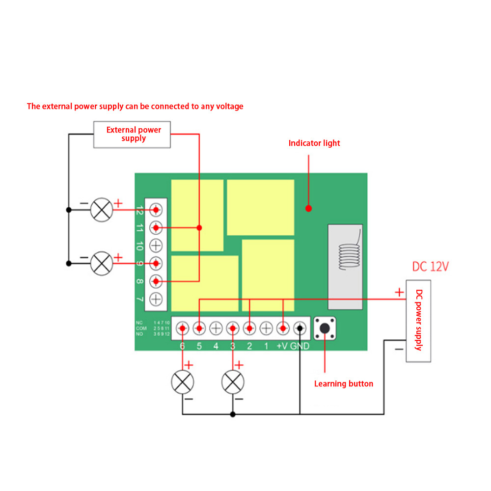 DC12V 433MHz peach wood 4-key ABCD remote control switch learning type DC four-way intelligent wireless control module relay receiver built-in battery