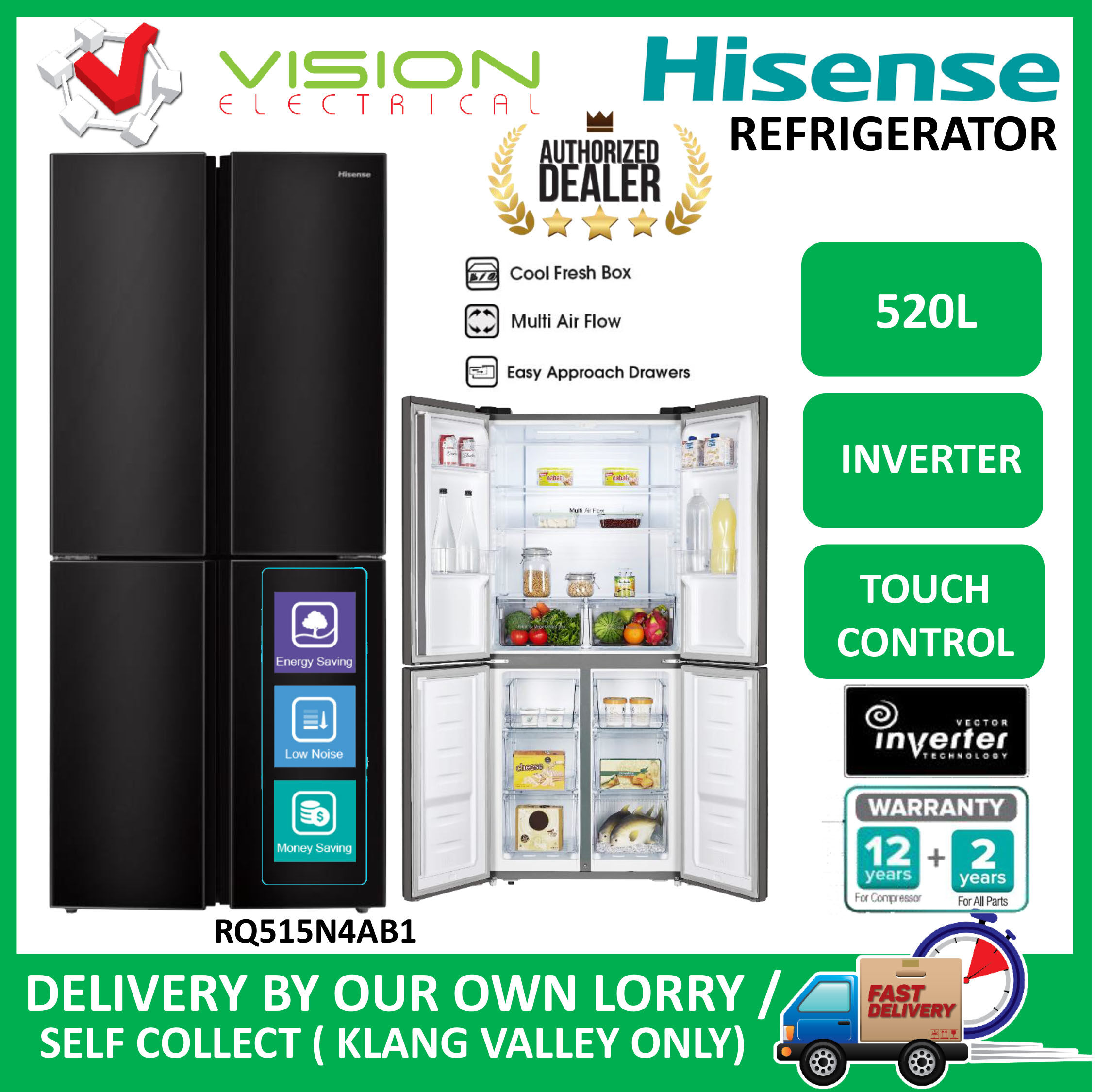 HISENSE RQ515N4AB1 4 Doors Inverter Refrigerator 520L Fridge Peti Ais 冰箱 ( Self Collect / Delivered By Seller - Klang Valley Only)
