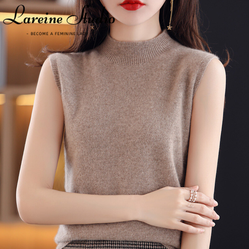 LAREINE Women's sleeveless vest half high neck halter leggings solid color suit with wool sweater pullover